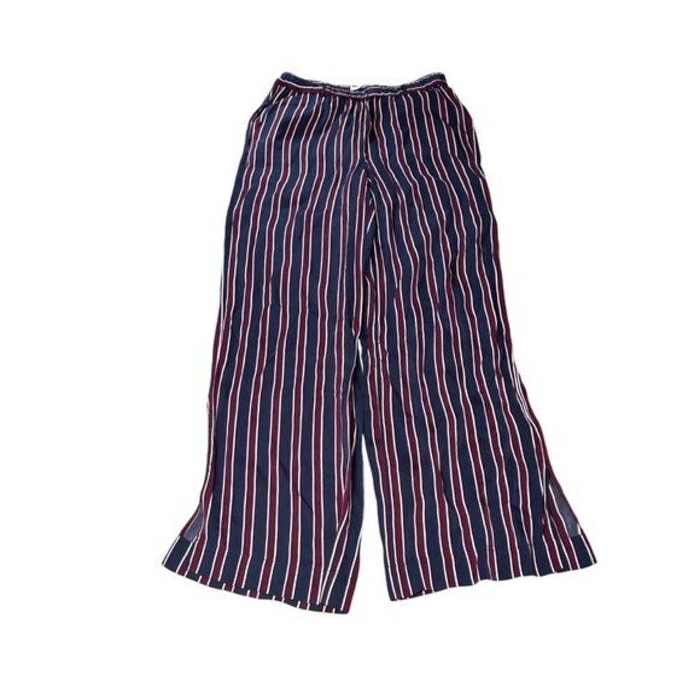 FRAME Women Small Navy Burgundy Striped Wide Leg Elastic Waist Side Slit Pants